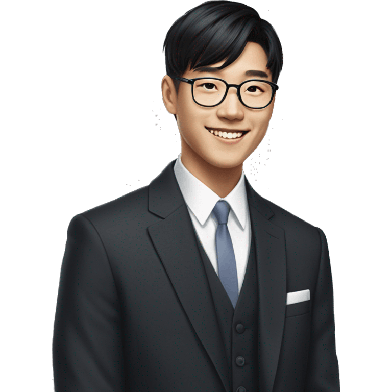 young kpop asian man black medium length bang hair smiling wearing a suit without a shirt with prescription glasses on emoji