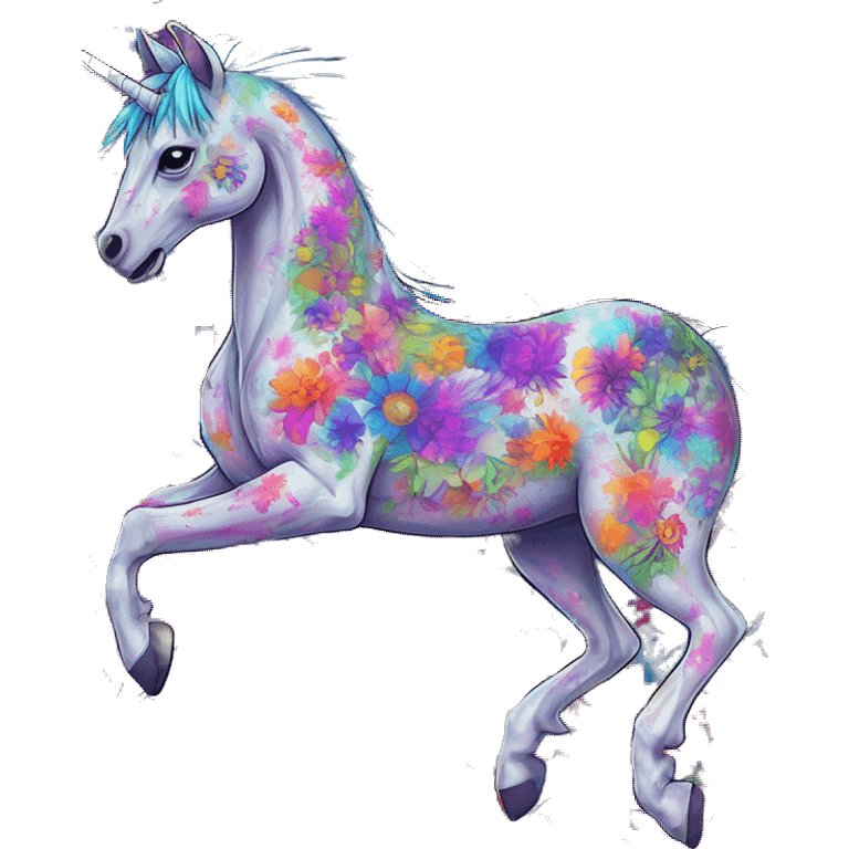 Trippy patchwork Zombie Pegasus unicorn psychedelic flowers floral groovy art neon rave raving emoji