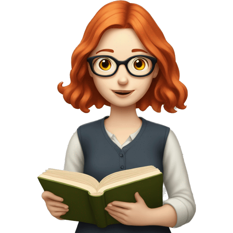 Pale girl with red hair and glasses reading a book emoji