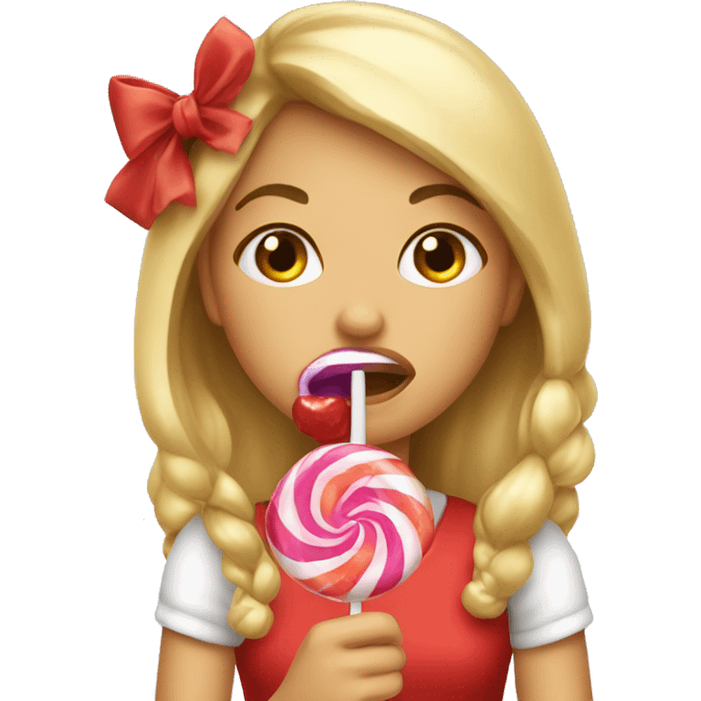 A girl with a bow eating a lolipop emoji