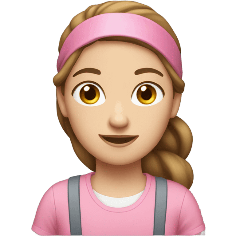 A white woman with brown hair in pony tail wearing pink headband, pink t shirt and overalls  emoji