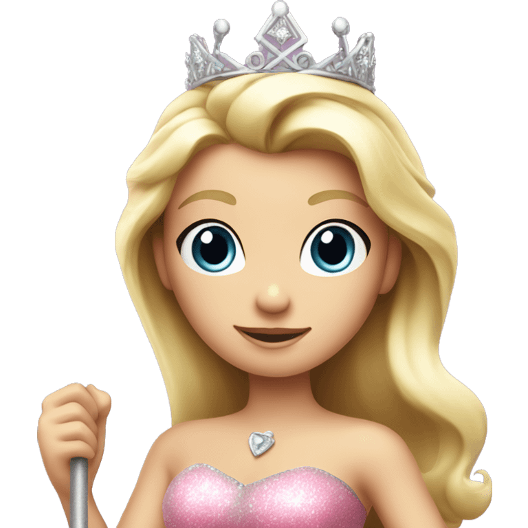 Blonde princess with tall silver crown in a pink sparkly dress holding a magic wand emoji