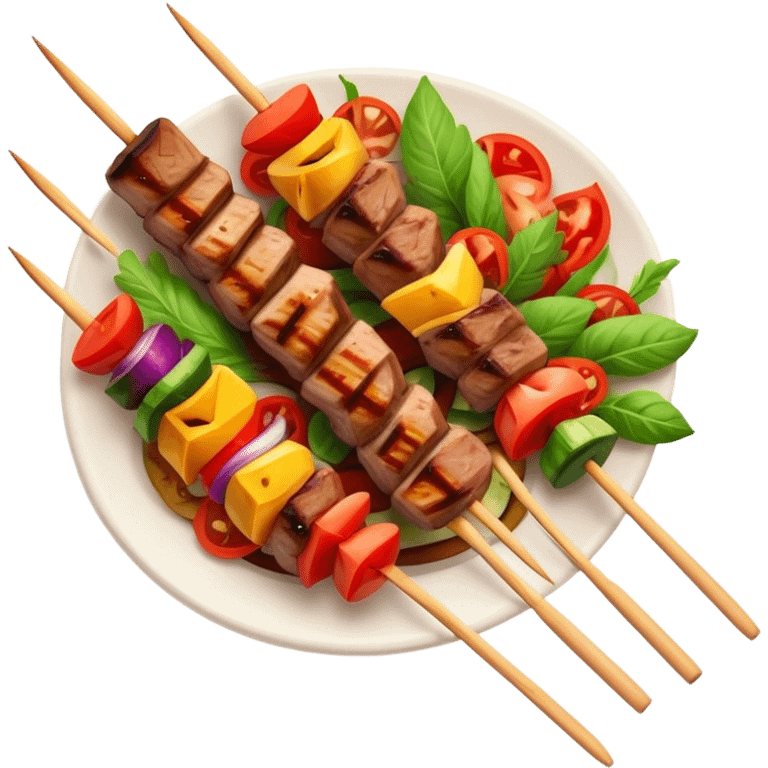 Cinematic Realistic Shish Kebab Dish Emoji, showcasing skewered, grilled meat with vibrant vegetables rendered with dynamic textures and warm, inviting lighting. emoji