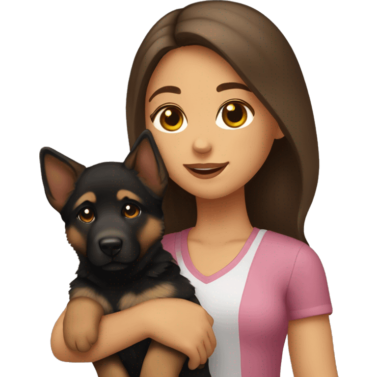 Girl with brown hair and brown eyes holding German shepherd puppy emoji