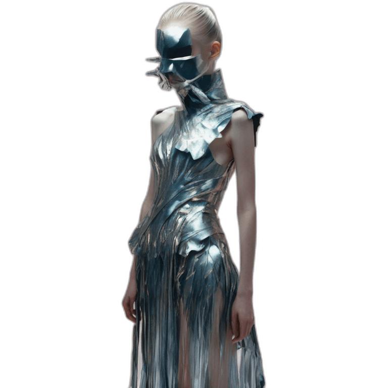 grimes, iris van herpen dress, sword, silver mask, Bathed in shadows, 90 degrees, short lighting, L USM, Cold Colors, gilded technique, extremely hyper aesthetic emoji