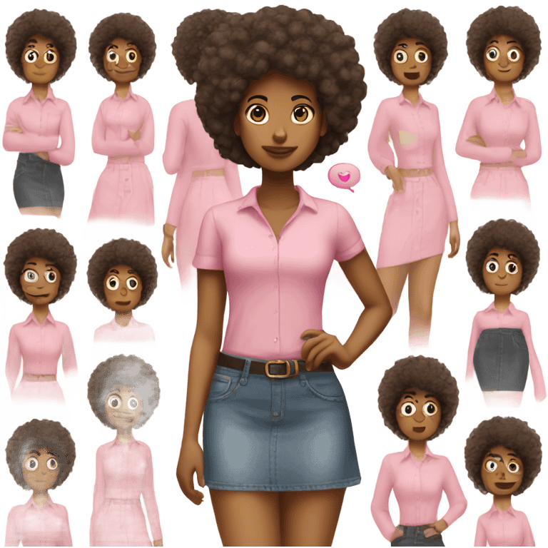 Tan girl with Afro posing full body jean skirt pink shirt emoji