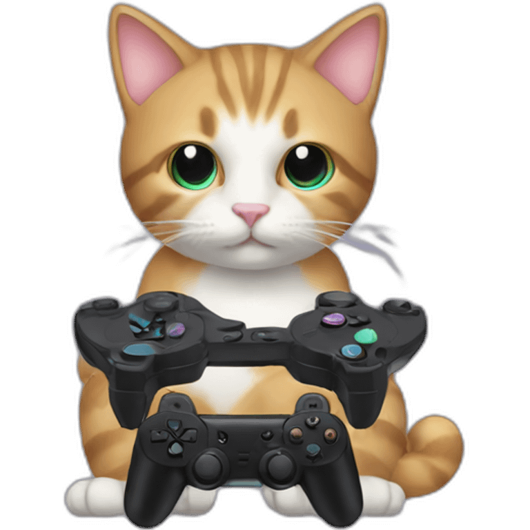 Cute cat holding a black ps controller and playing video games emoji