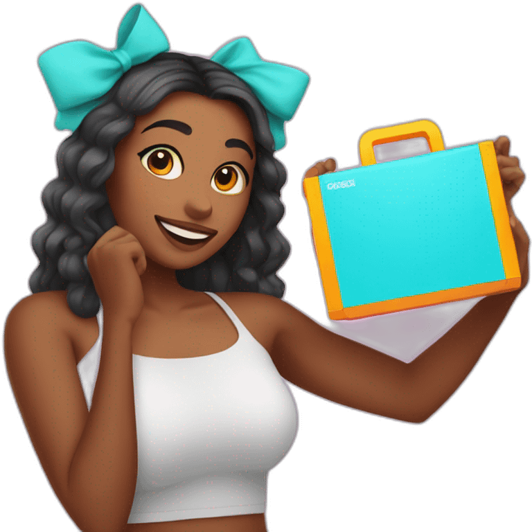 influencer taking a picture of herself holding a bright box in her arms emoji