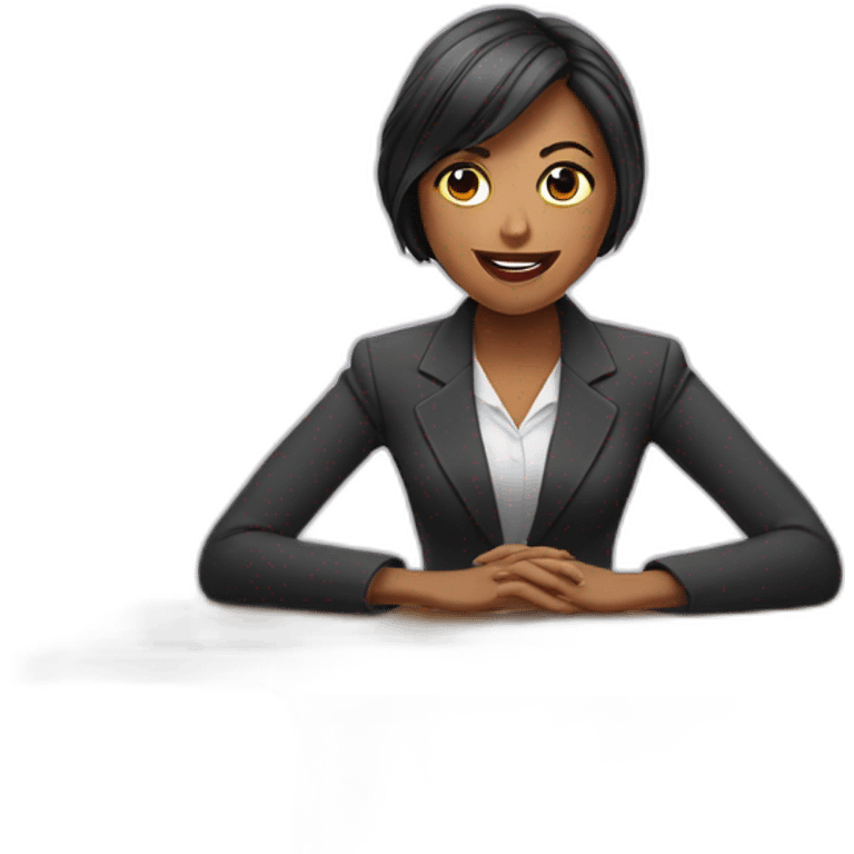 Woman wearing a suit sitting on the table telling the news towards the camera emoji