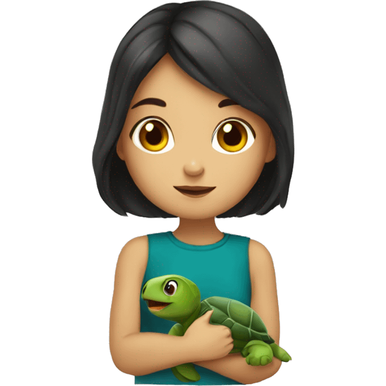 European girl with dark hair kiss little turtle emoji