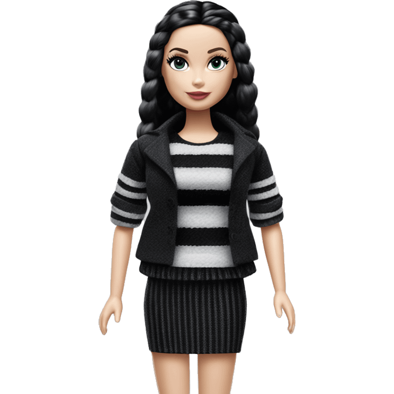 Bouclé Beauty Barbie, Wednesday Addams from academy, in dark-gray and black striped outfit. emoji