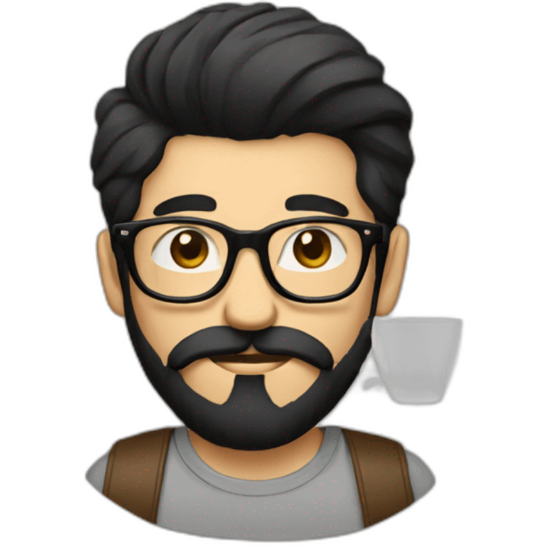 Hipster with black hair, beard and glasses drinking cappuccino   emoji