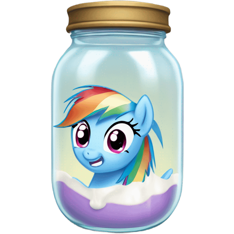 My little pony Rainbow Dash in a jar with milk at the bottom of the jar emoji