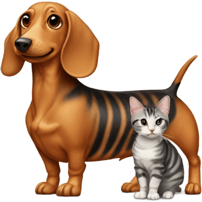 Wiener dog standing next to striped cat emoji