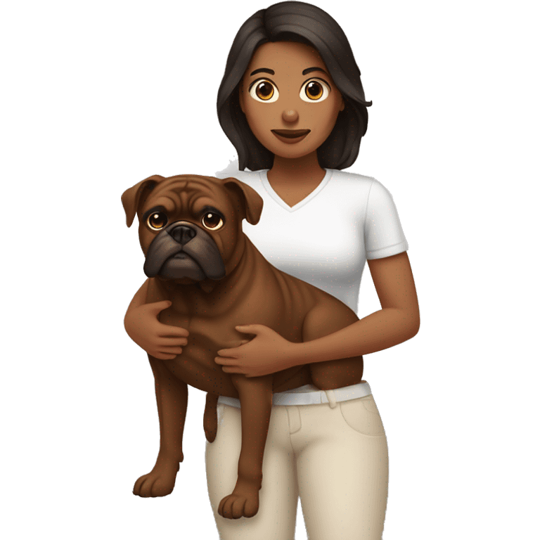 Woman with dark hair holding a brown bulldog with dark brown face emoji