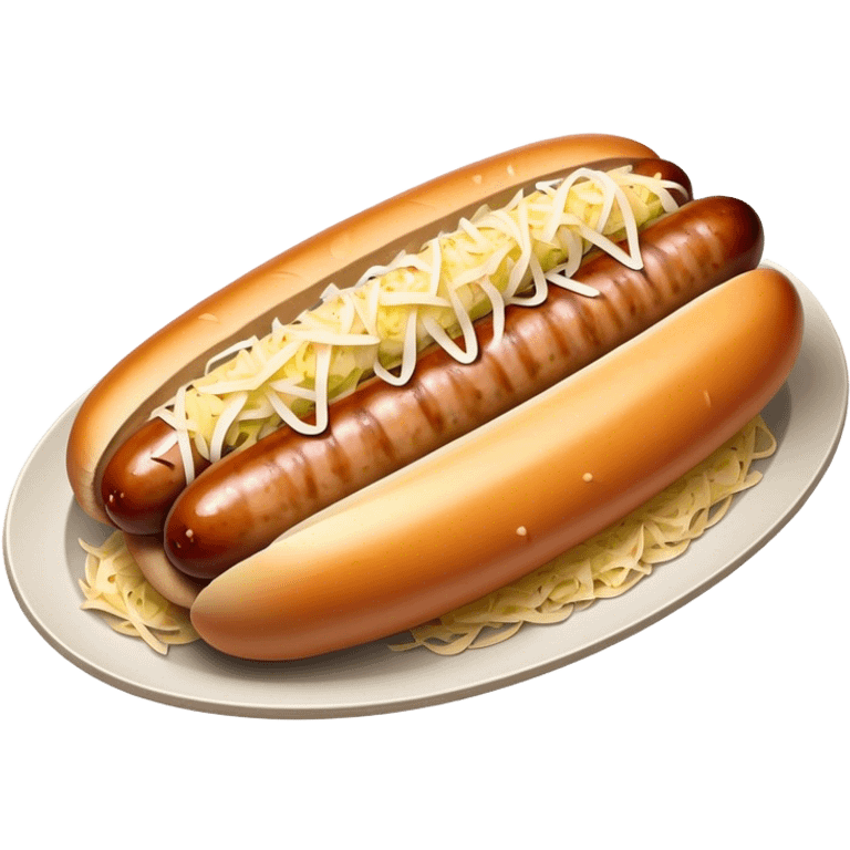 Bratwurst Cinematic Realistic Bratwurst Dish Emoji, depicted as a grilled bratwurst topped with a generous serving of shredded sauerkraut, rendered with rich textures and dynamic, appetizing lighting. emoji