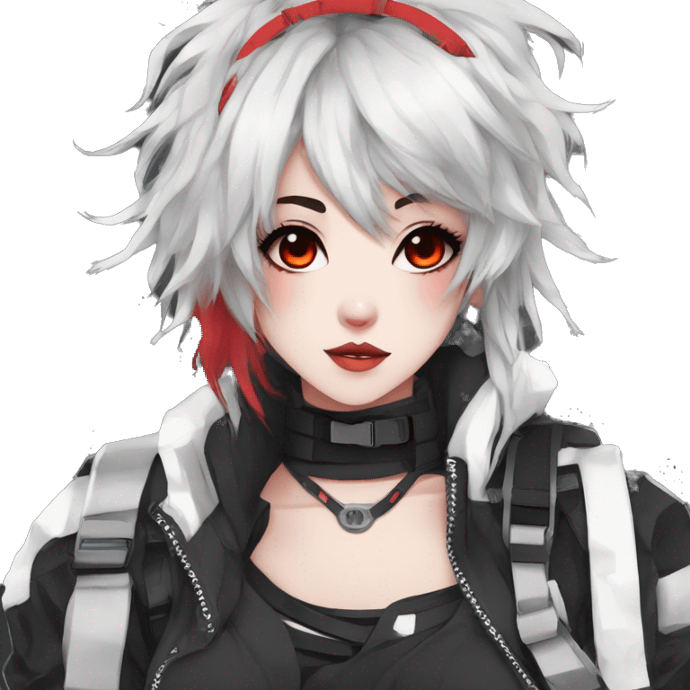 Gorgeous techwear anime style lady with blushing face aesthetic and pretty edgy black red white punk messy hair with collar and harness trending style emoji