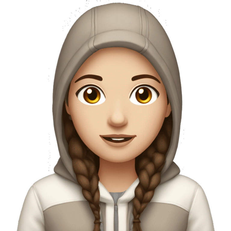 white girl with straight brown hair and dark brown eyes wearing a white and brown winter outfit emoji