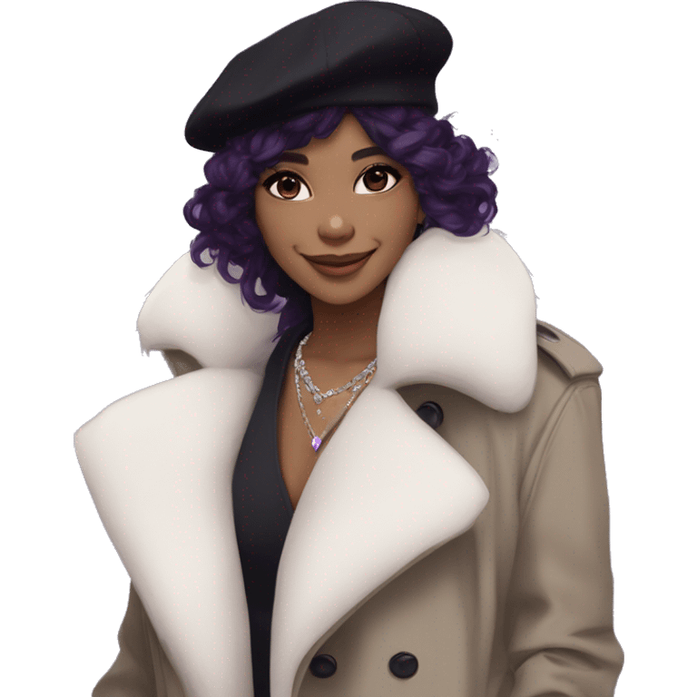 black hair, pale skintone, long messy hairstyle, beret hat, purple eyes, smile, long black trench coat with white fur around the neck, purple crystal earrings, purple crystal necklace emoji