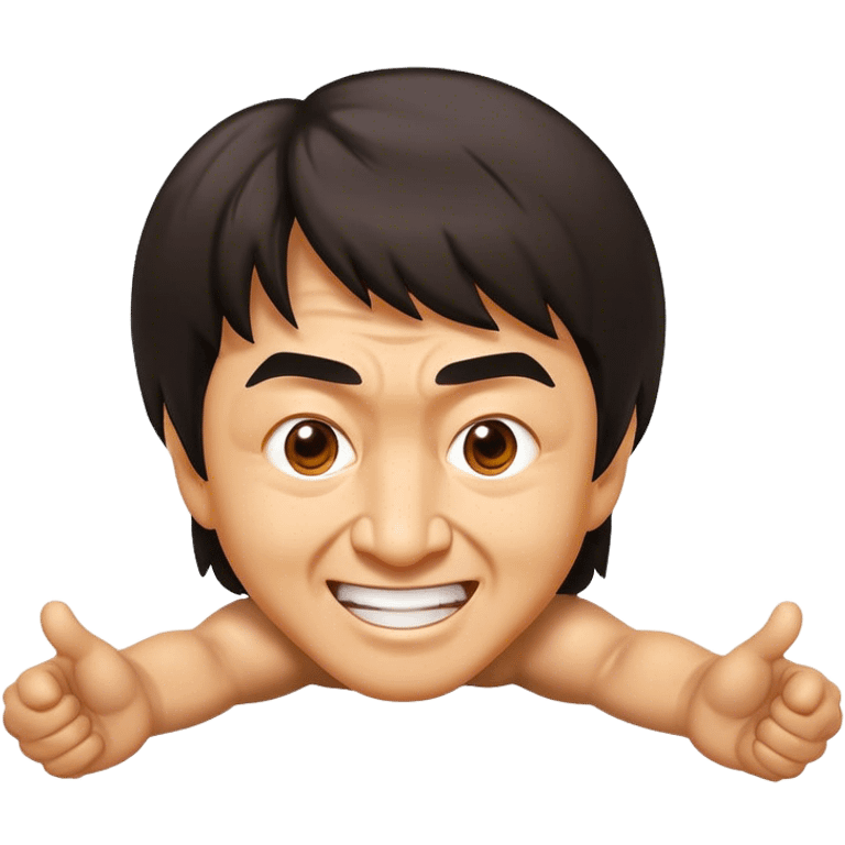 Cinematic Realistic Jackie Chan Pop Culture Emoji, depicted with playful agility and charismatic charm rendered with lifelike textures and vibrant, action‚Äêpacked lighting. emoji