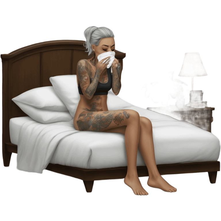 Hyper Realistic Beautiful tattooed woman crying holding a tissue lying on her bed emoji