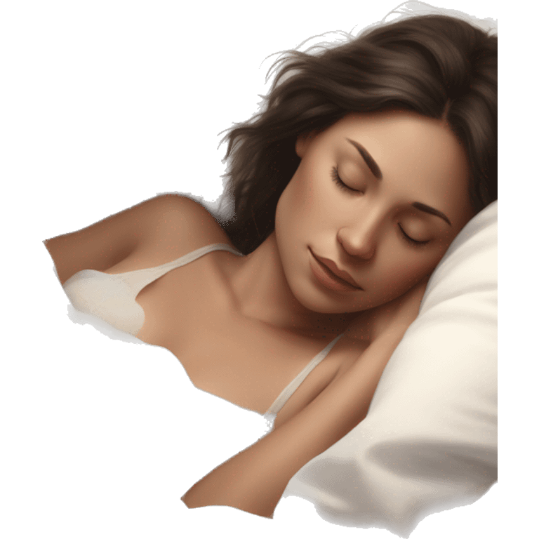 pretty brunette woman sleeping amongst white sheets semi realistic soft textures and ethereal glow emoji