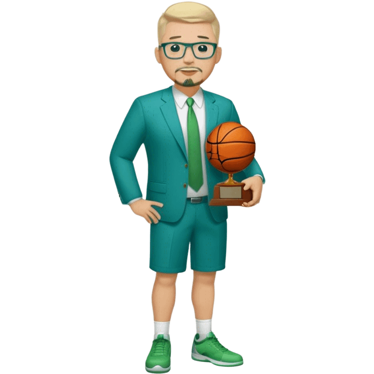 Full Body white male plus size body type  wearing glasses with a goatee with light blonde gray very short hair basketball head Coach in blue and green suit holding trophy emoji