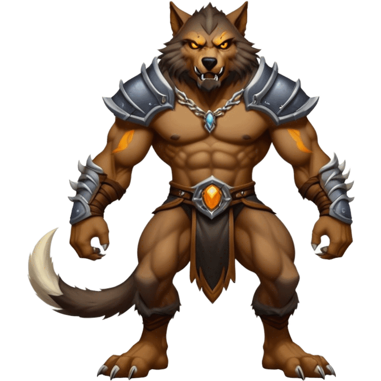 Cinematic Realistic WoW Worgen Portrait, captured in a dynamic, battle-ready stance, muscles rippling beneath his wild fur and tanned skin. His fierce, amber eyes and determined features, set against consistently detailed, worn leather attire, are rendered with dramatic natural lighting and high shine, embodying the raw, relentless fury of a worgen warrior in combat. emoji