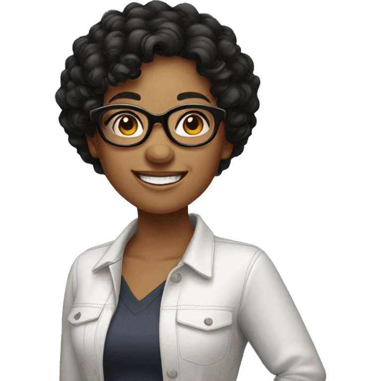 Standing girl with black curly hair, round glasses and a big smile emoji