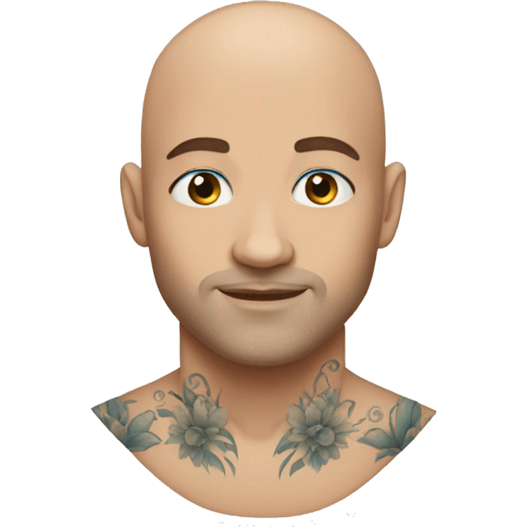 Bald man blue eyes wearing tattoos  emoji