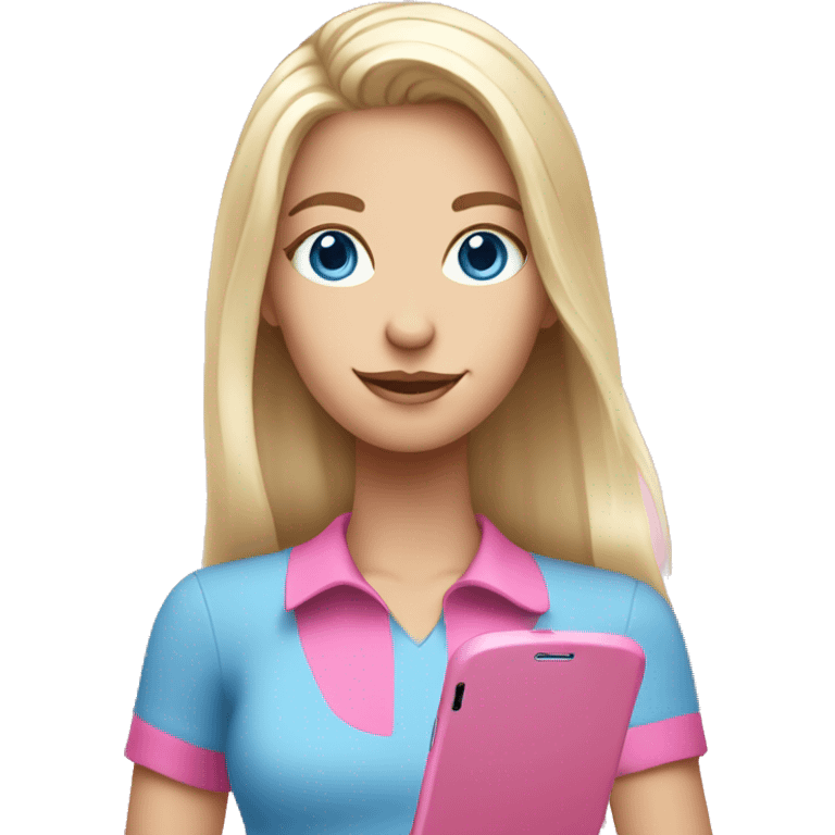 a white blond hair girl with blue eyes wearing a pink shirt holding a pink cell phone emoji