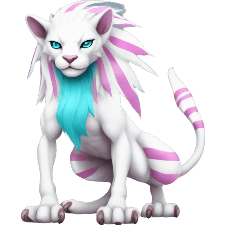 White elegant beautiful natural cute badass epic anthro modern albino vernid-Fakémon with cyan mane and magenta eyes with cyan edgy stripes, full body emoji