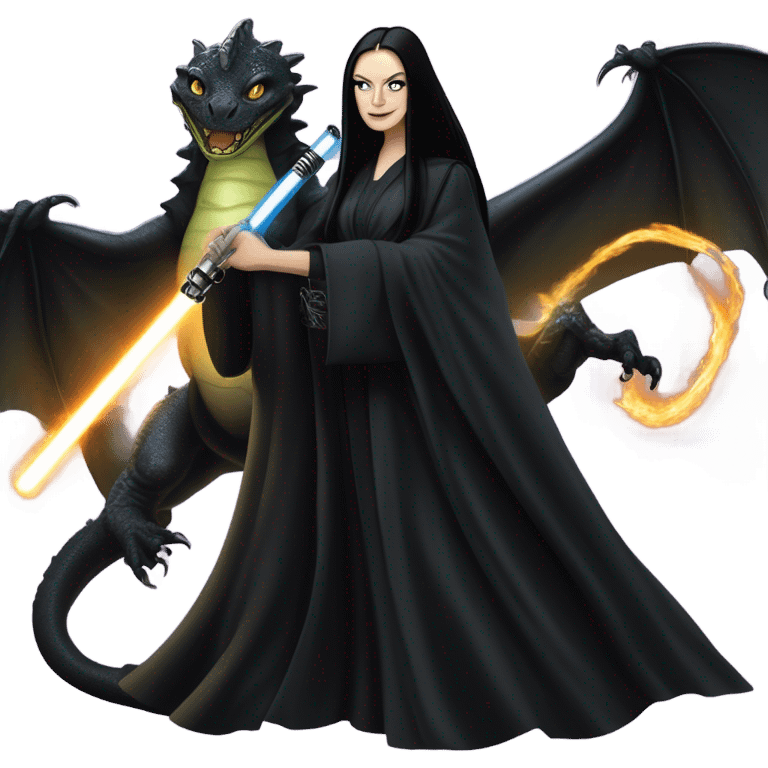  beautifully dressed teen Morticia Addams Jedi riding on the back of a very large black shiny evil-looking fire-spewing dragon. proper scale emoji