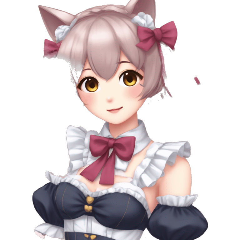 Gorgeous anime style catgirl with blushing face with maid outfit bow tie idol model kawaiicore pearly petite simplistic aesthetic trending style emoji