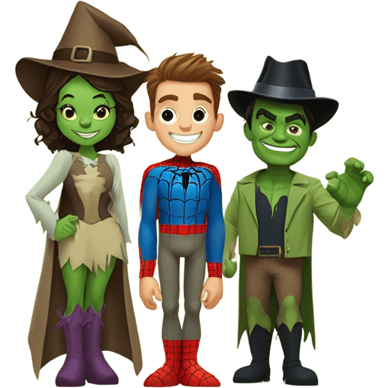 Spider-Man, Hulk, Wizard of Oz, scarecrow, and Wizard of Oz witch together as a family emoji