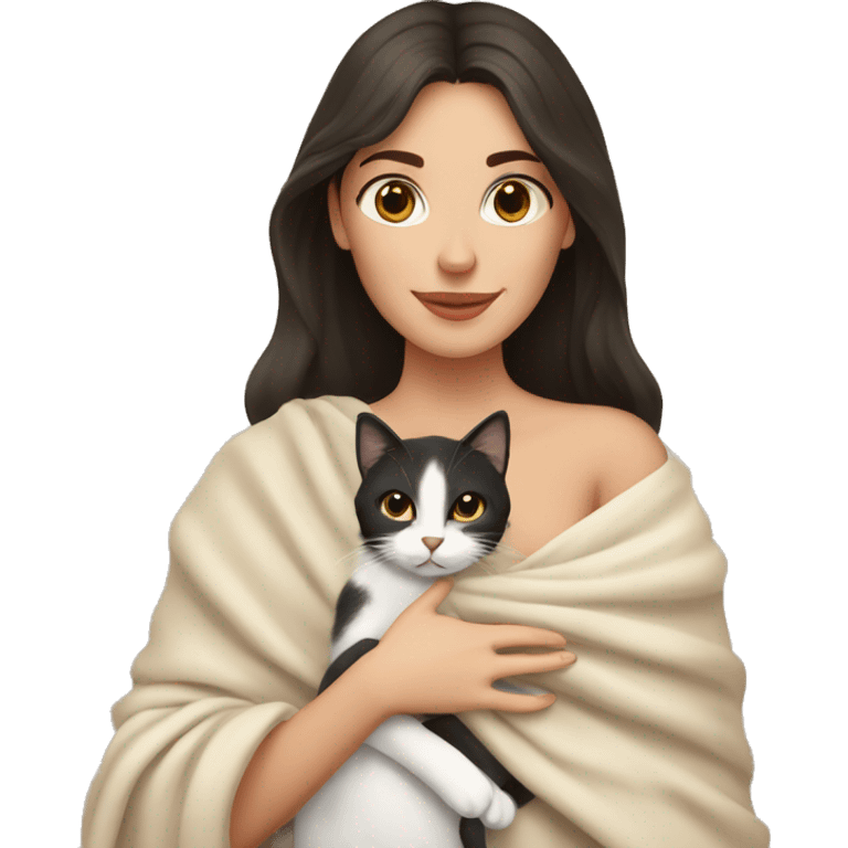 pretty white woman with dark hair petting cat in beige blanket emoji