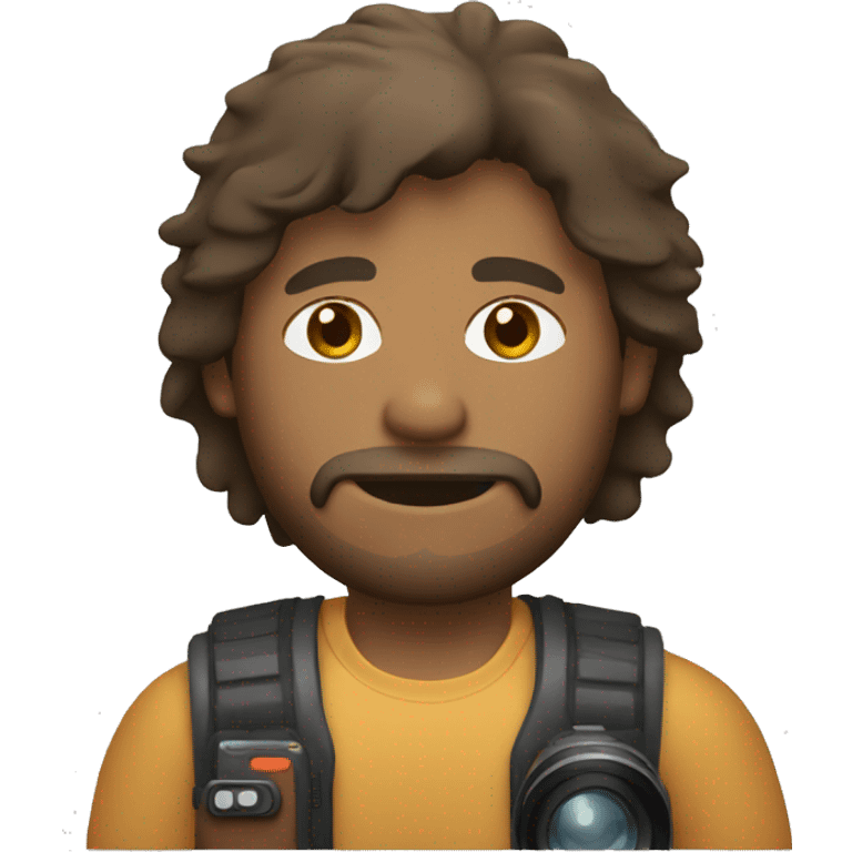 brown guy with mullet and beard holding a photo camera emoji