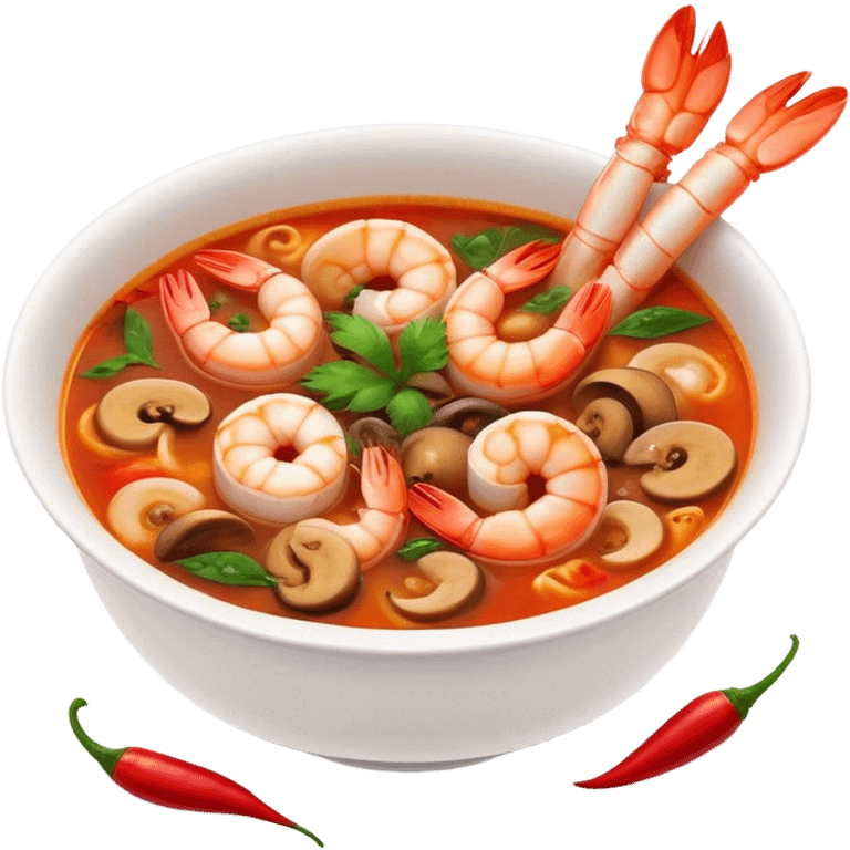 Cinematic Realistic Tom Yam Kung Soup Dish Emoji, showcasing a spicy, sour shrimp soup with herbs and mushrooms rendered with lifelike textures and bold, dynamic lighting. emoji