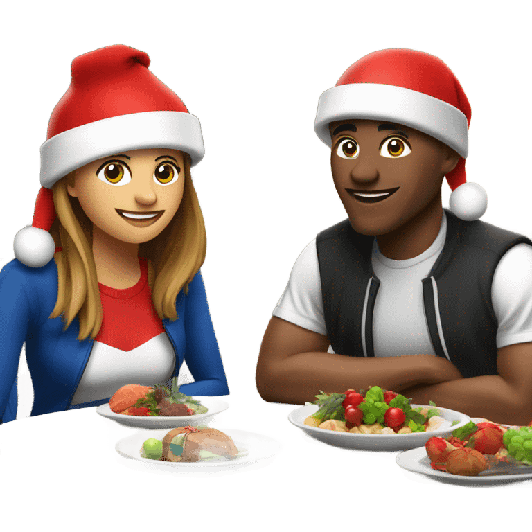 emoji Sports couple , a man and a woman in sportswear, sitting at the Christmas dinner table with a red Christmas hat emoji