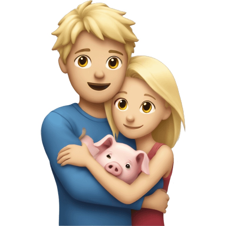 blonde hair girl holding pig and blonde hair boy hugging lion emoji