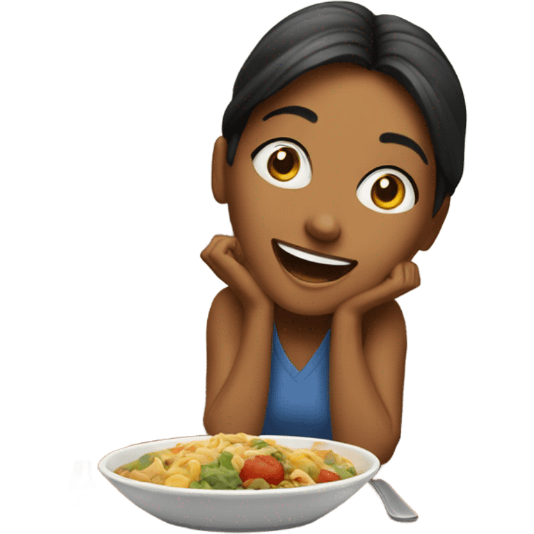 excited lady sitting at the table looking at her meal emoji