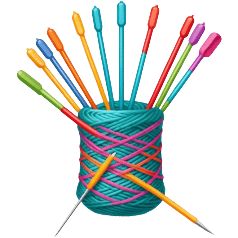 Knitting icon, knitting needles, colorful yarn, partially knitted fabric, minimalistic style, clean lines, transparent background. emoji