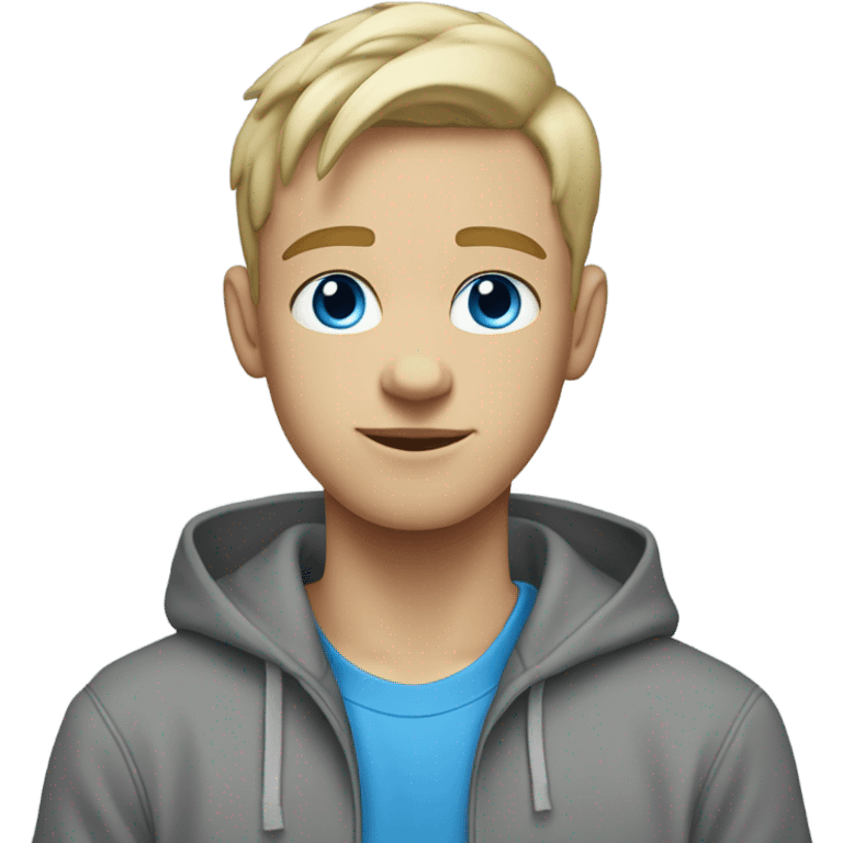 A white teen with a blonde low taper fade and a grey hoodie on with blue eyes emoji