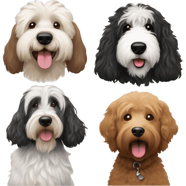 Black goldendoodle, brown golden doodle, old English sheepdog, and a black goldendoodle together  emoji