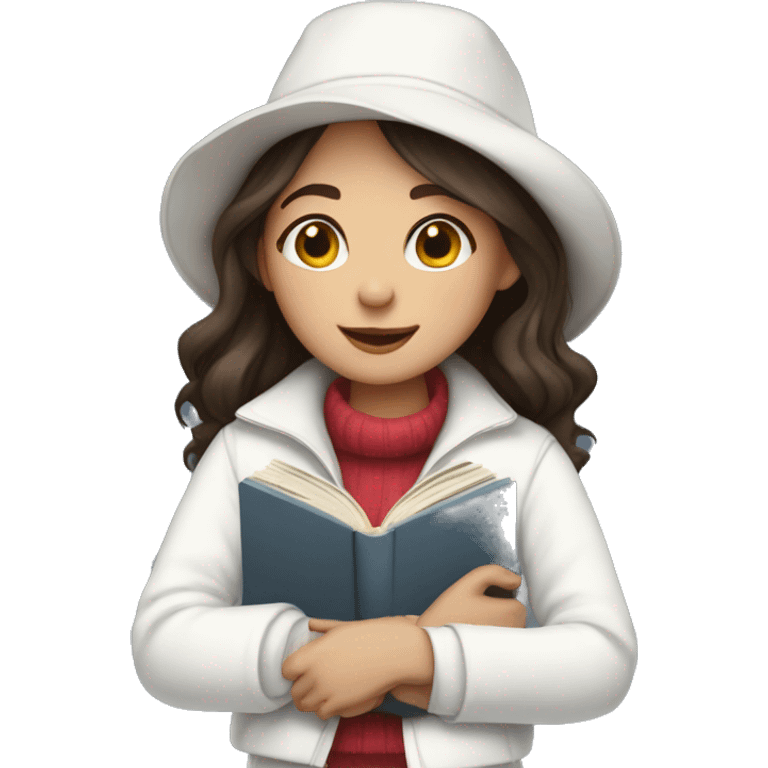 brunette girl in a white jacket in a white hat hugs a book emoji