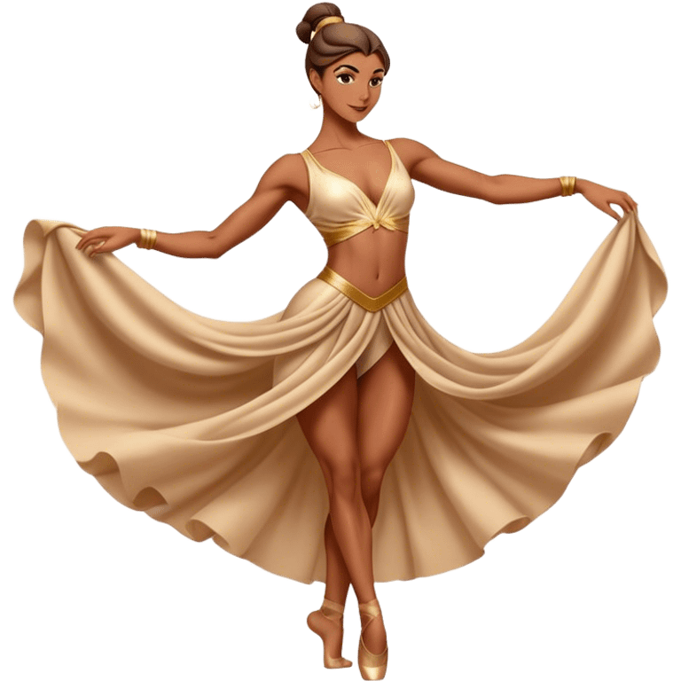 Cinematic Realistic Dance Poses, an elegant dancer mid-motion, muscles tensed with control, soft fabric of their attire flowing with movement, dramatic lighting highlighting the graceful lines, glowing with passion and poise. emoji