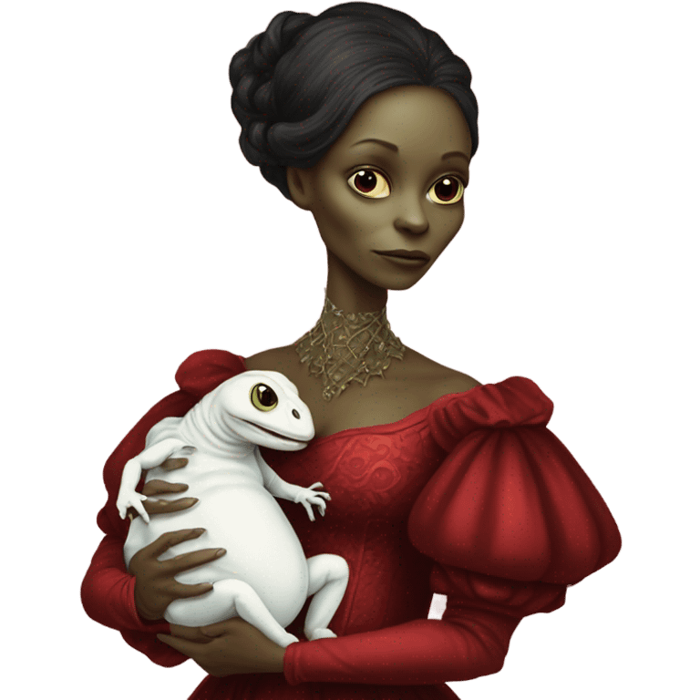  Reptilian alien woman , full body, in victorian red elegant dress , holds a newborn white humman baby emoji