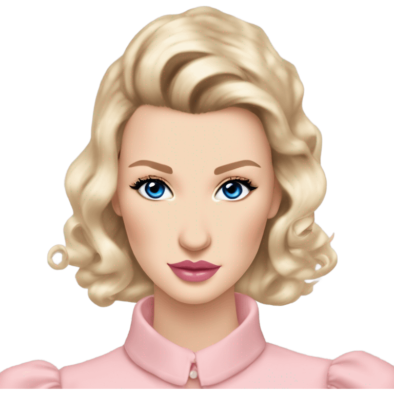 girl blonde hair pale skin blue eyes. Pink lips blush Smokey eye skinny nose small Bella hadid upturned eyes (but not too much). Vintage blowout with long hair not too curly.  light pink dress, puffed sleeves, dainty choker necklace.  emoji