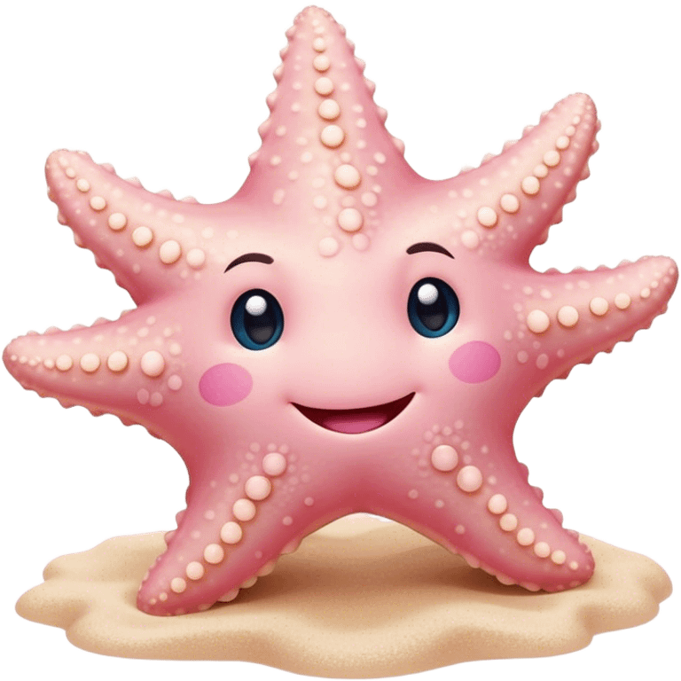 Cinematic cute round starfish, pastel pink, soft bumpy texture, tiny happy face, slightly tilted, glowing warmly, sparkling with gentle ocean magic. emoji