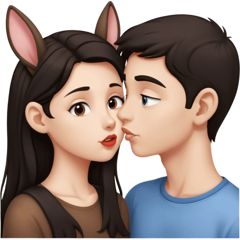 Caucasian brunette girl teen kissing dark haired teen boy with big ears emoji